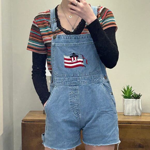 American Flag Carpenter Shortalls Small Y2K - Picture 1 of 7